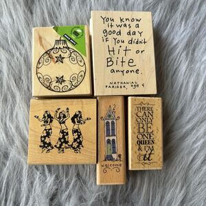 Lot Of 5 Wood Rubber Stamps Hula Friendship Welcome Queen Ornament Scrapbooking